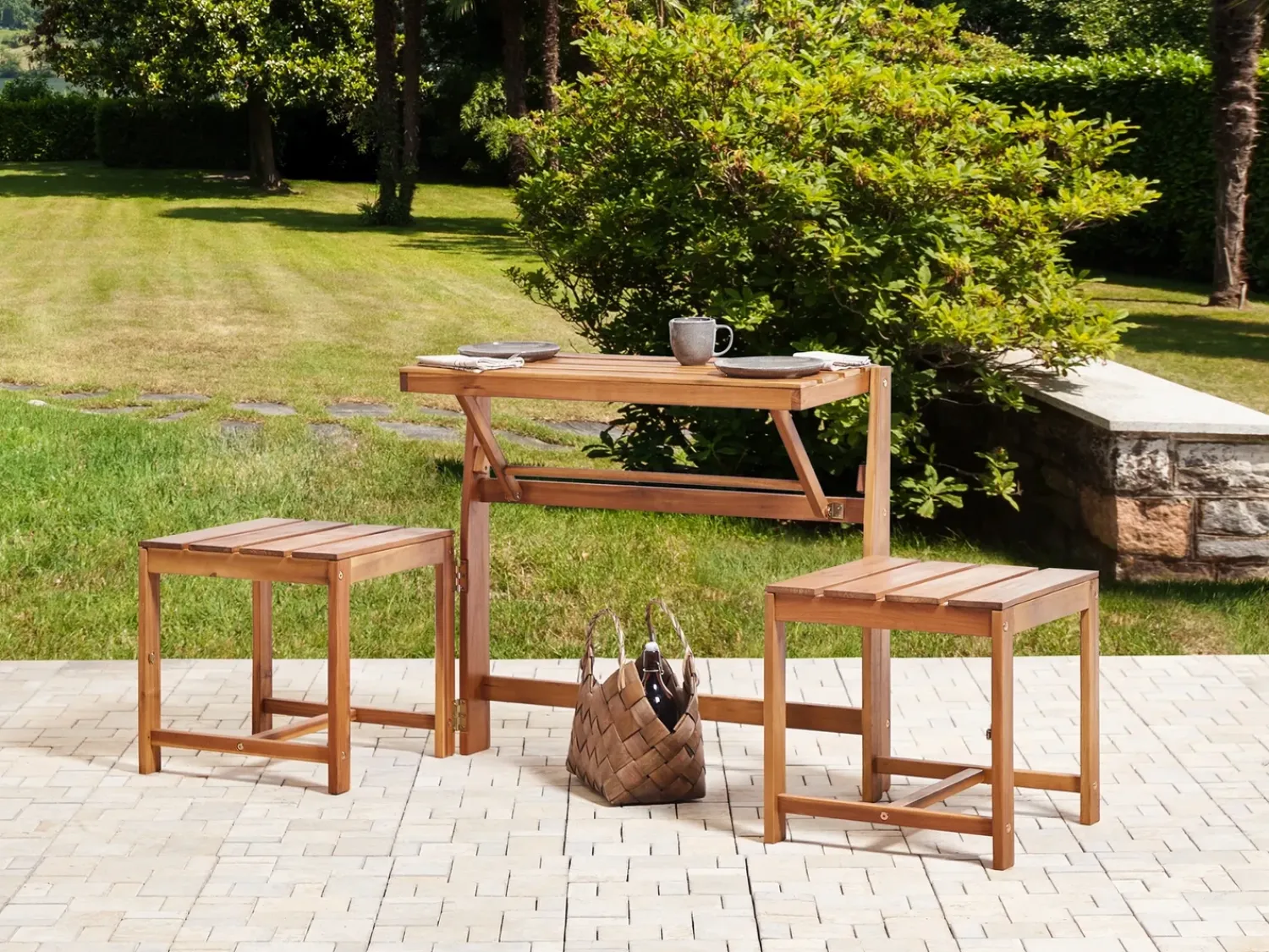 Clearance Beliani Set di panche da giardino bistrot convertibili TUENNO Legno d'acacia Marrone Beige Marrone Grigio