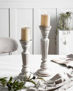 Beliani Set di 2 portacandele DARWA Legno di mango 30/40 cm Marrone chiaro Bianco Marrone