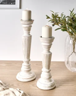 Beliani Set di 2 portacandele DARWA Legno di mango 30/40 cm Marrone chiaro Bianco Marrone