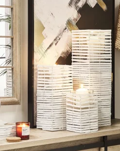 New Beliani Set di 3 portacandele MAROLA Legno di pioppo 54/34/20 cm Bianco