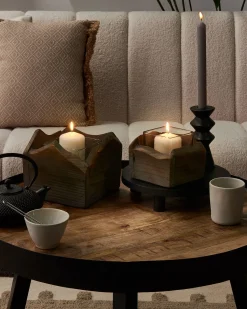 Clearance Beliani Set di 2 portacandele PLATEROS Legno di abete 15/12 cm Marrone scuro Grigio Marrone