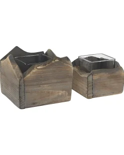 Clearance Beliani Set di 2 portacandele PLATEROS Legno di abete 15/12 cm Marrone scuro Grigio Marrone
