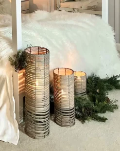 Outlet Beliani Set di 3 portacandele ROVARE Legno di pioppo 60/39/25 cm Grigio Grigio Marrone