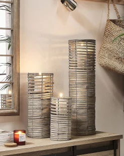 Outlet Beliani Set di 3 portacandele ROVARE Legno di pioppo 60/39/25 cm Grigio Grigio Marrone