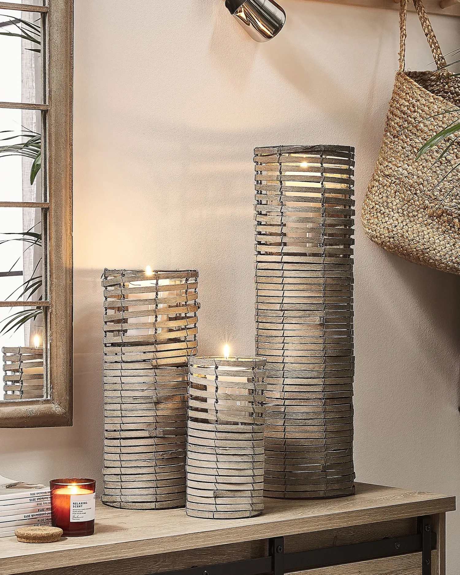 Outlet Beliani Set di 3 portacandele ROVARE Legno di pioppo 60/39/25 cm Grigio Grigio Marrone