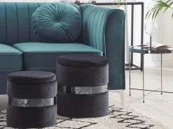 Discount Beliani Set di 2 pouf contenitore DORIS Velluto Nero Argento Nero