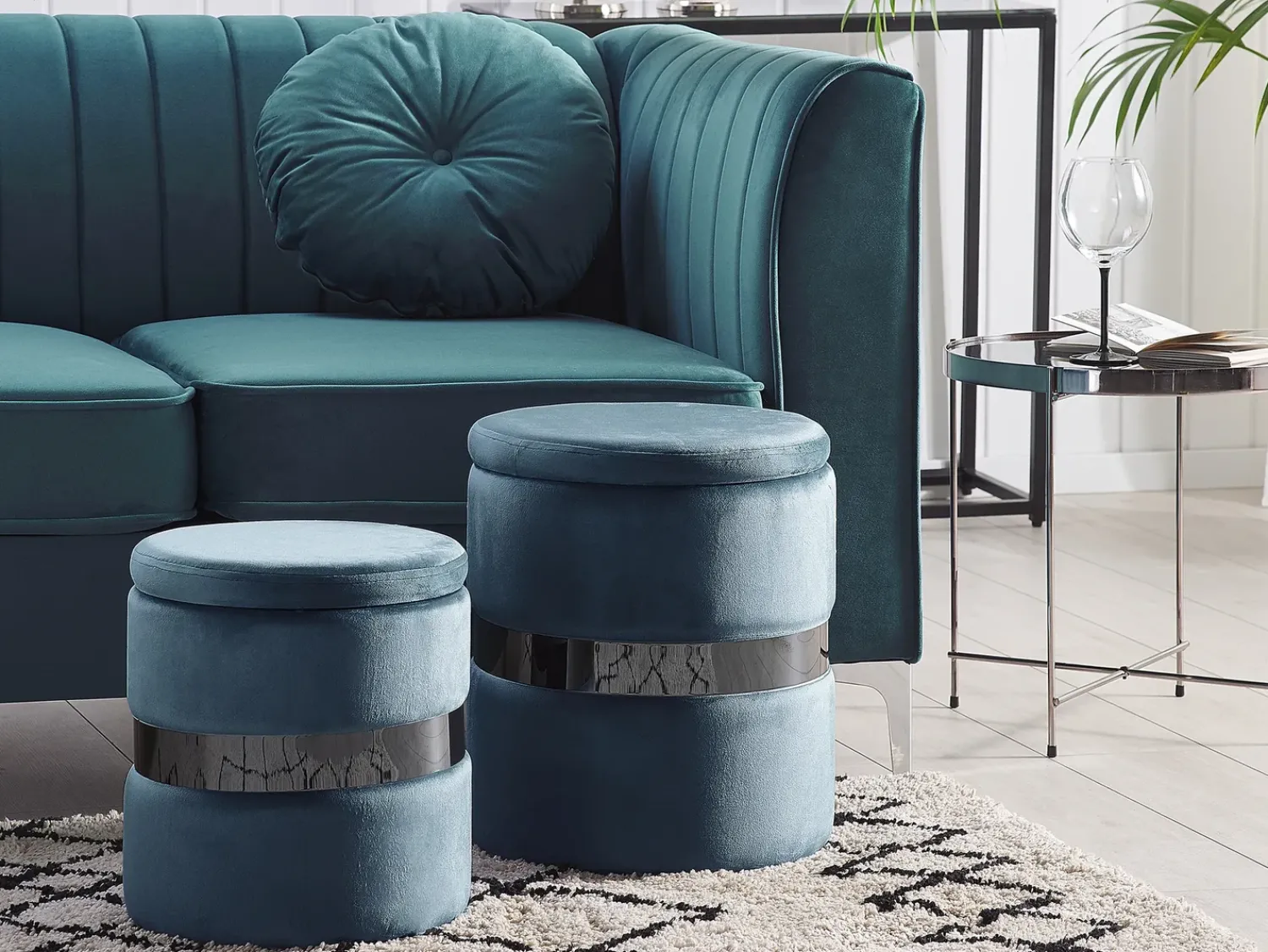 Clearance Beliani Set di 2 pouf contenitore DORIS Velluto Blu Blu Argento