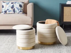 New Beliani Set di 2 pouf contenitore GARLAND Velluto Beige chiaro Beige Oro