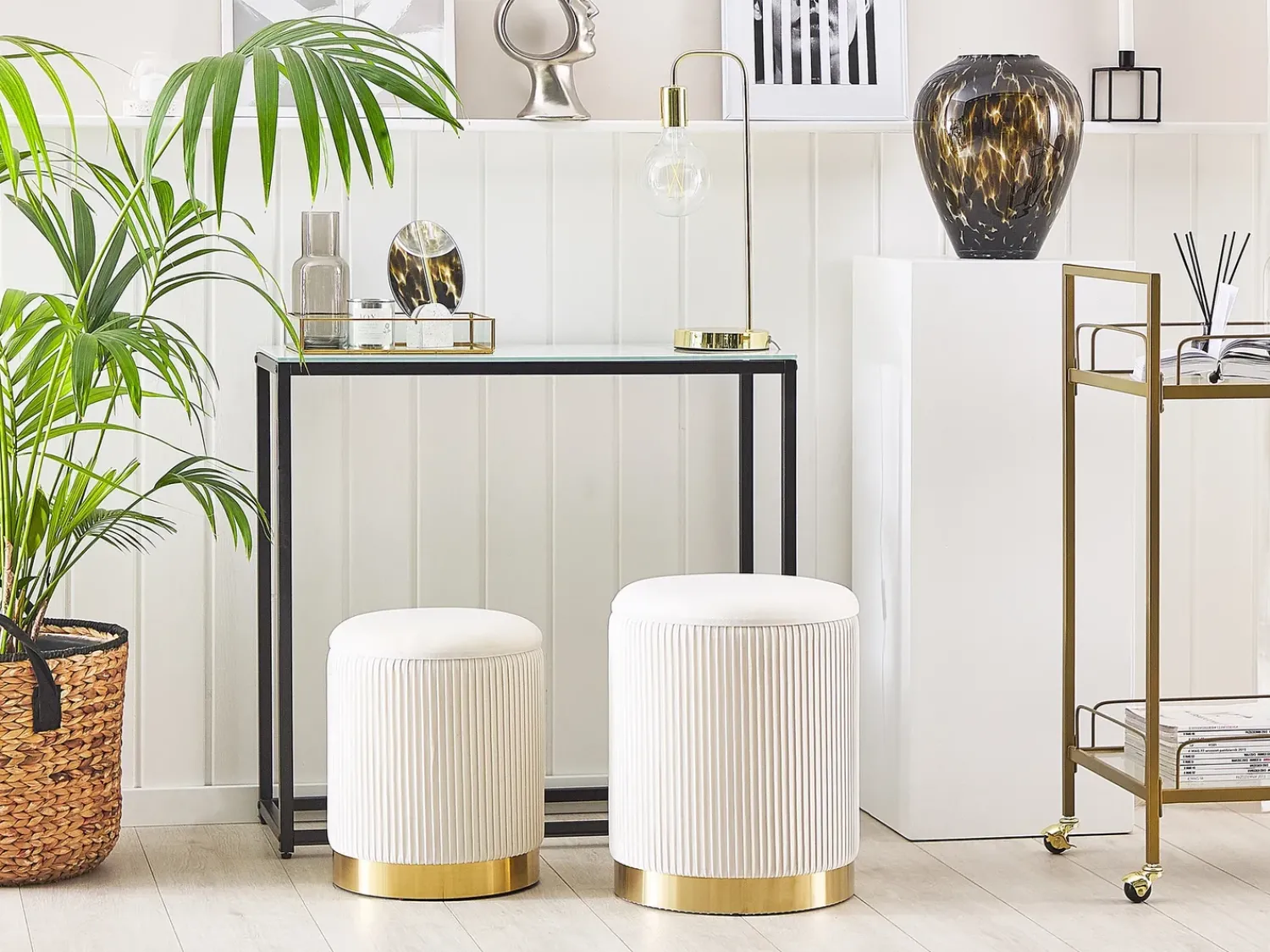 Outlet Beliani Set di 2 pouf contenitore MIRAMAR Velluto Bianco Bianco Oro