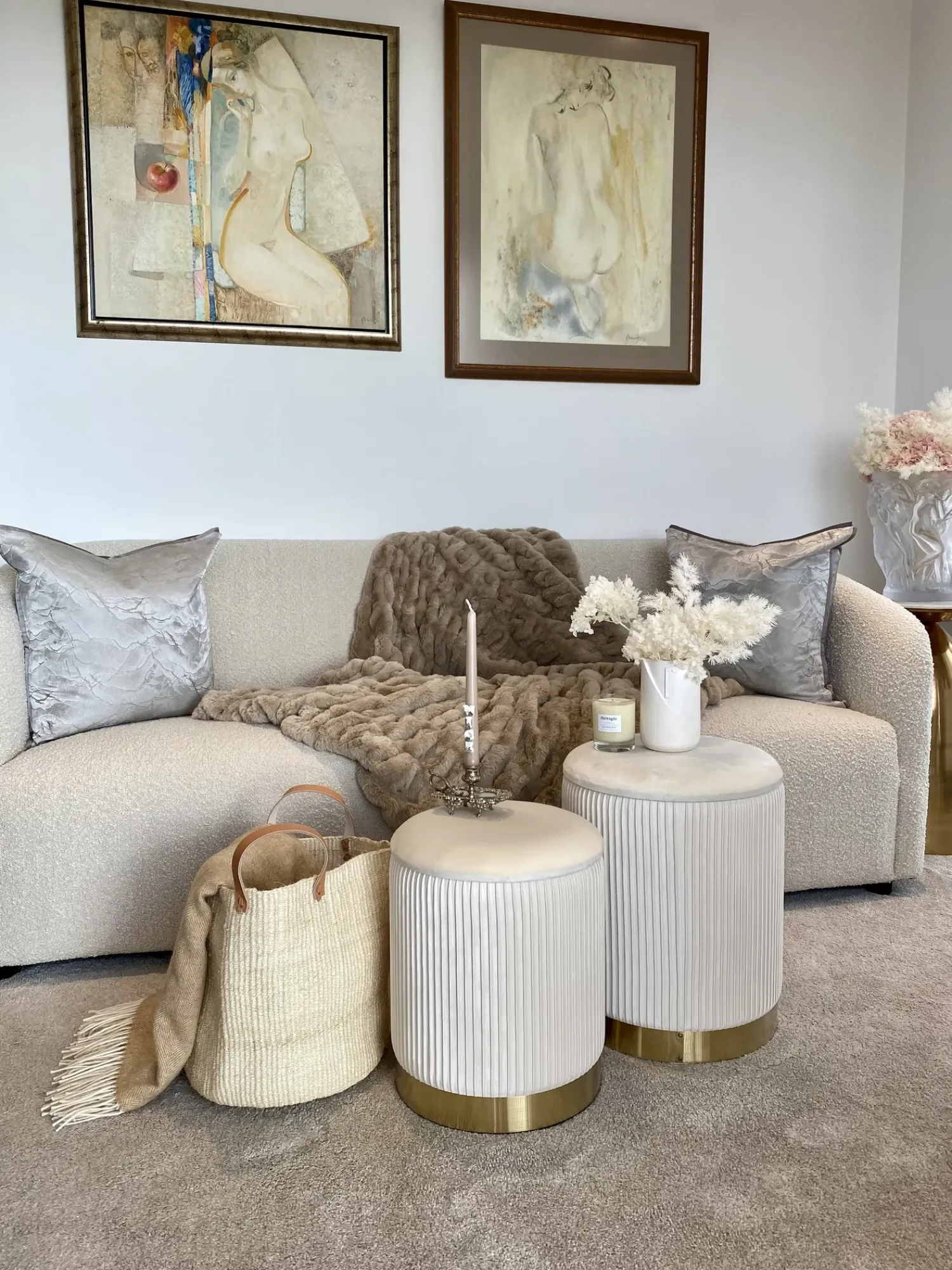 Outlet Beliani Set di 2 pouf contenitore MIRAMAR Velluto Bianco Bianco Oro
