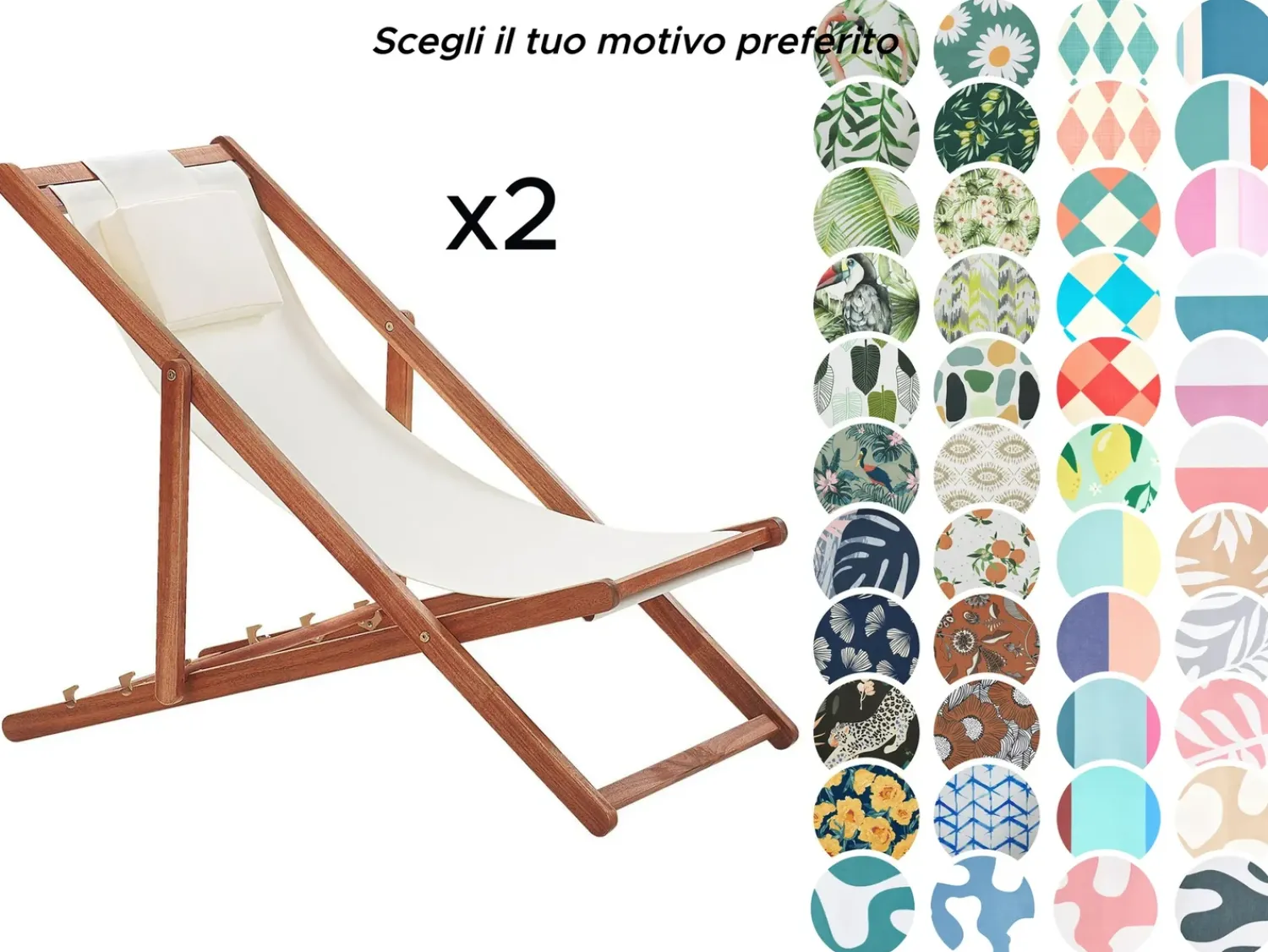 Discount Beliani Set di 2 sedie a sdraio pieghevoli AVELLINO con Tessuti di Ricambio Legno d'acacia Marrone scuro Bianco Marrone Multicolore