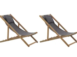 Outlet Beliani Set di 2 sedie a sdraio pieghevoli AVELLINO con Tessuti di Ricambio Legno d'acacia Marrone scuro Grigio Marrone Multicolore