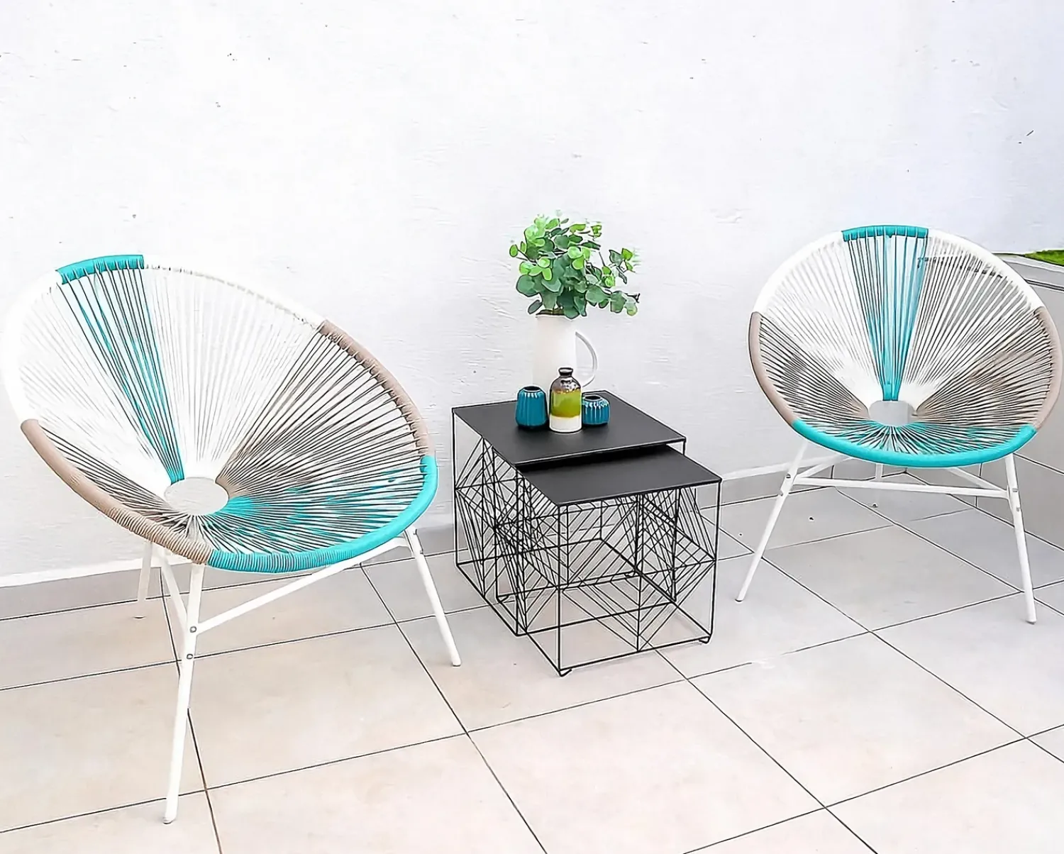 New Beliani Set di 2 sedie da giardino ACAPULCO Rattan sintetico (PE) Bianco Beige Bianco Blu Multicolore