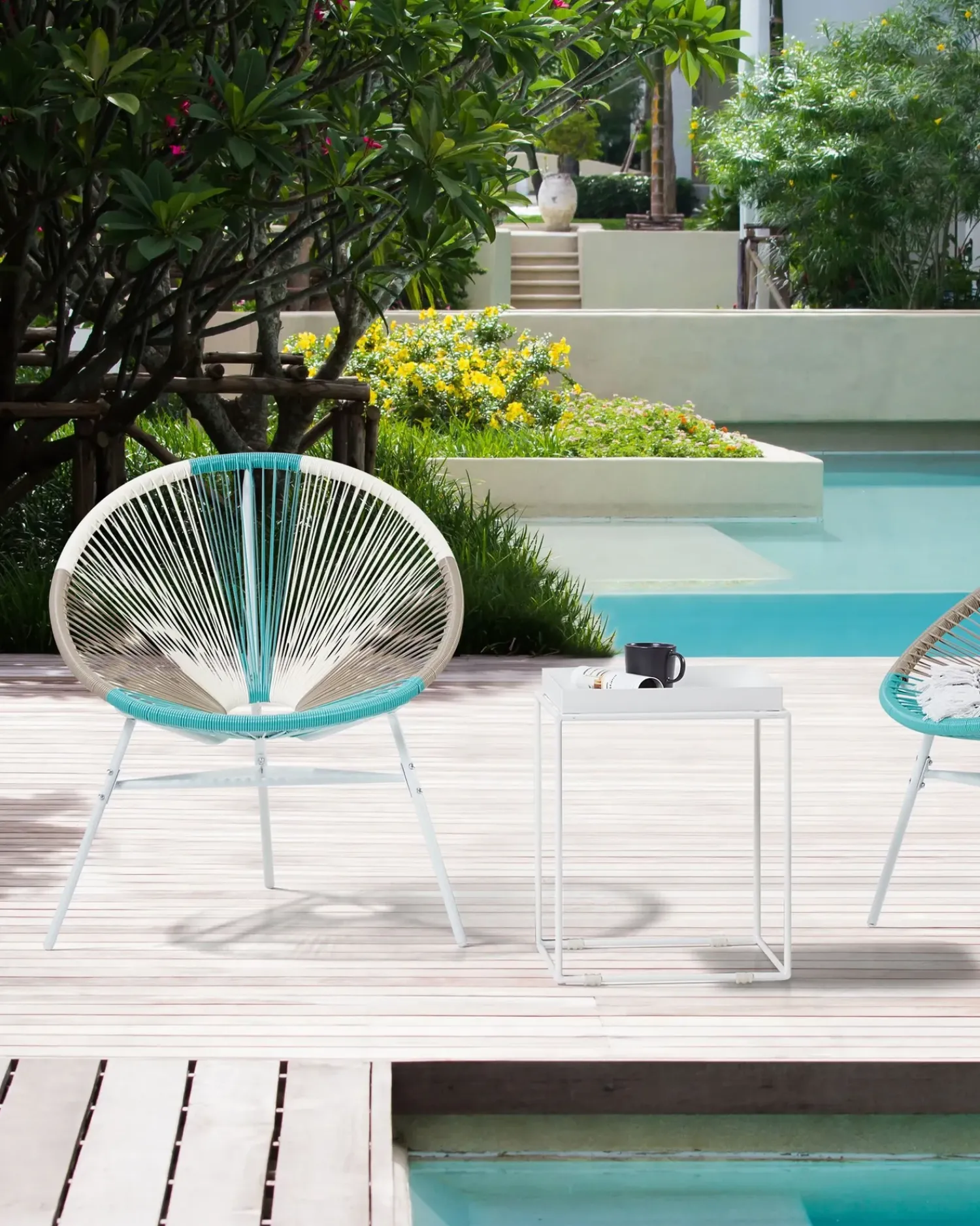 New Beliani Set di 2 sedie da giardino ACAPULCO Rattan sintetico (PE) Bianco Beige Bianco Blu Multicolore