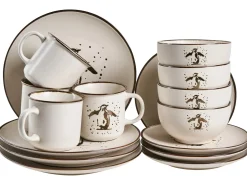 Best Beliani Set di 16 stoviglie CINNAMON Gres porcellanato Bianco sporco Bianco Marrone Oro