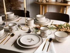 Best Beliani Set di 16 stoviglie CINNAMON Gres porcellanato Bianco sporco Bianco Marrone Oro