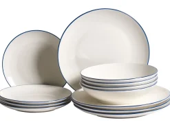 New Beliani Set di 12 stoviglie CUMIN Porcellana Bianco sporco/Blu Bianco Blu