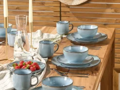 Discount Beliani Set di 16 stoviglie JUNIPER Gres porcellanato Azzurro Blu Marrone