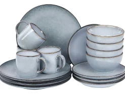 Discount Beliani Set di 16 stoviglie JUNIPER Gres porcellanato Azzurro Blu Marrone