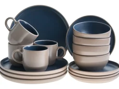 Beliani Set di 16 stoviglie NUTMEG Gres porcellanato Beige/ Blu Beige Blu