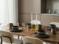 Beliani Set di 16 stoviglie NUTMEG Gres porcellanato Beige/ Blu Beige Blu