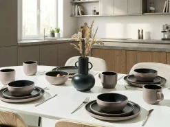 Best Beliani Set di 16 stoviglie NUTMEG Gres porcellanato Nero/Beige Beige Nero