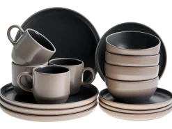 Best Beliani Set di 16 stoviglie NUTMEG Gres porcellanato Nero/Beige Beige Nero