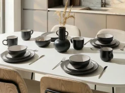 Discount Beliani Set di 16 stoviglie NUTMEG Gres porcellanato Nero Bianco Nero