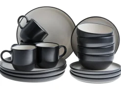 Discount Beliani Set di 16 stoviglie NUTMEG Gres porcellanato Nero Bianco Nero