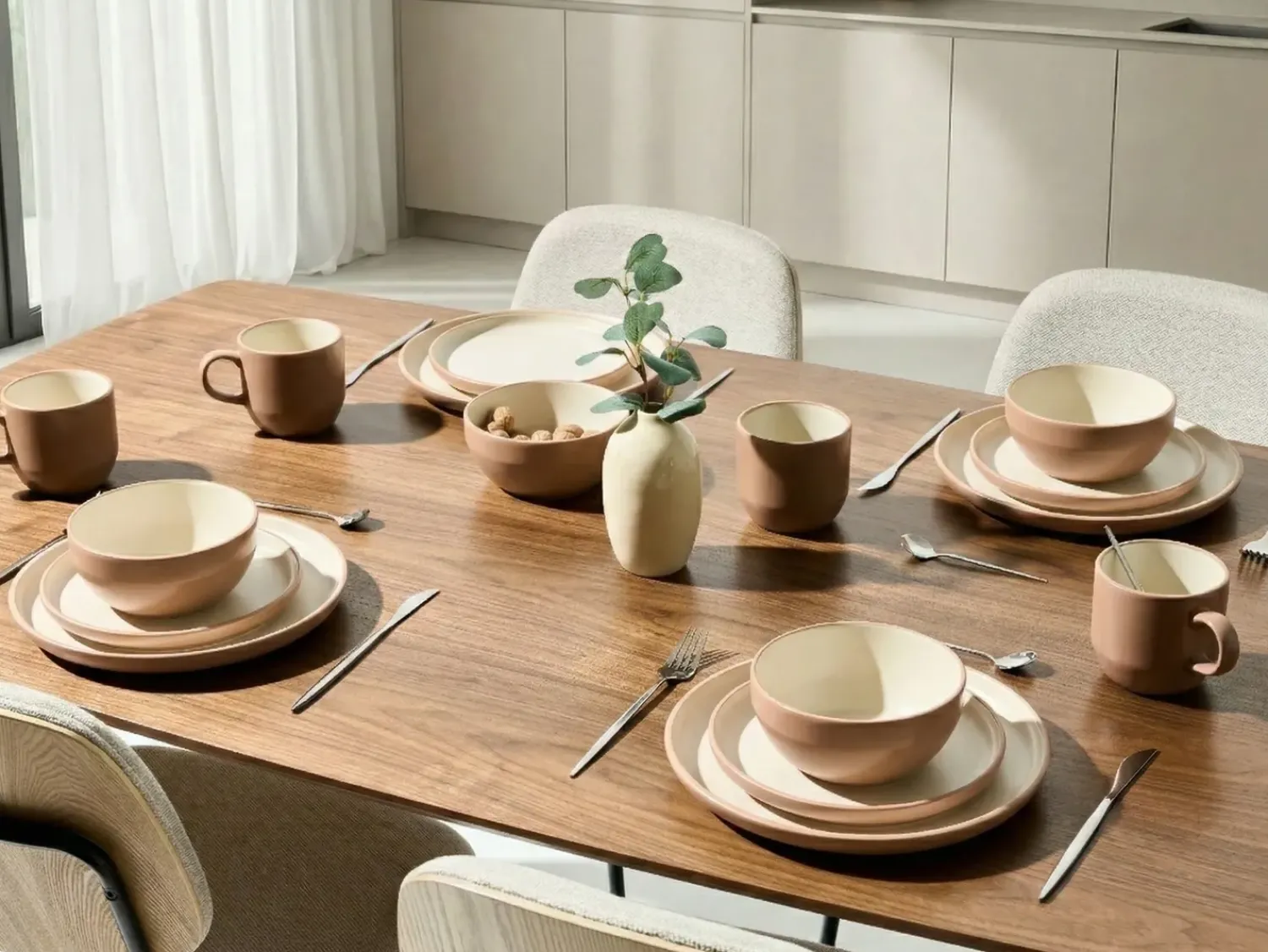 New Beliani Set di 16 stoviglie NUTMEG Gres porcellanato Marrone Bianco Marrone