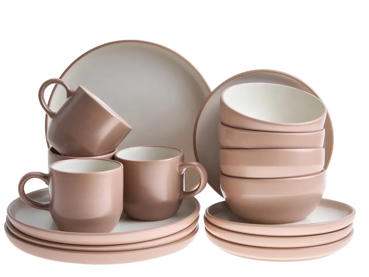 New Beliani Set di 16 stoviglie NUTMEG Gres porcellanato Marrone Bianco Marrone