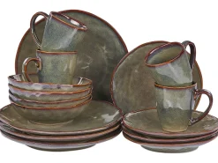 Sale Beliani Set di 16 stoviglie THYME Gres porcellanato Verde scuro Marrone Verde