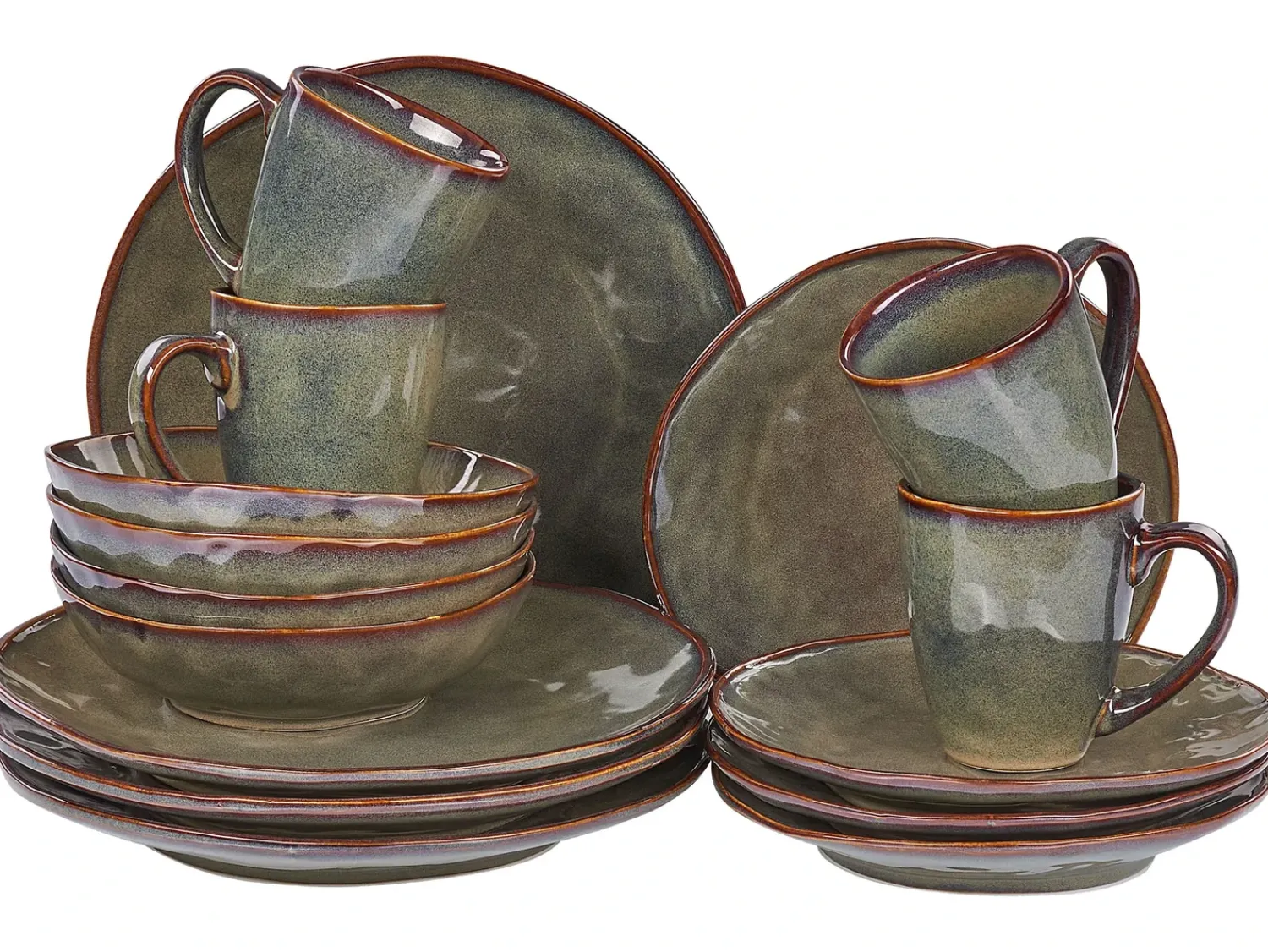 Sale Beliani Set di 16 stoviglie THYME Gres porcellanato Verde scuro Marrone Verde