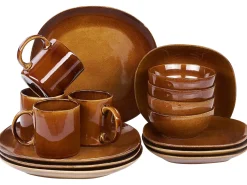 Online Beliani Set di 16 stoviglie TURMERIC Gres porcellanato dorato Marrone