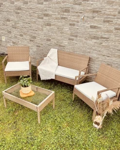 Discount Beliani Set divani con tavolino MARSALA Rattan sintetico (PE) Marrone chiaro Beige Bianco Naturale