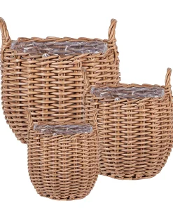 Discount Beliani Set di 3 vasi da fiori in vimini AUCUBA 26/34/44 cm chiaro Marrone