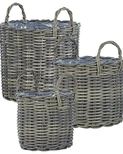 Hot Beliani Set di 3 vasi da fiori in vimini NIKITI Rattan sintetico (PE) 29/35/40 cm Tortora Marrone