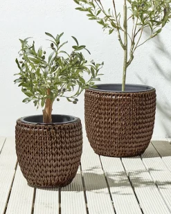 Discount Beliani Set di 3 vasi per piante BERBERIS Rattan sintetico (PE) 34/45 cm scuro Marrone