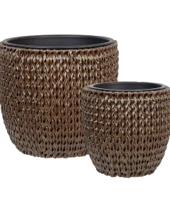 Discount Beliani Set di 3 vasi per piante BERBERIS Rattan sintetico (PE) 34/45 cm scuro Marrone