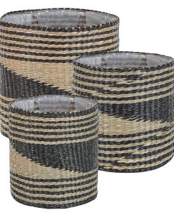 Online Beliani Set di 3 vasi per piante RATTAIL Alghe marine 32/29/27 cm Nero Beige Naturale Nero