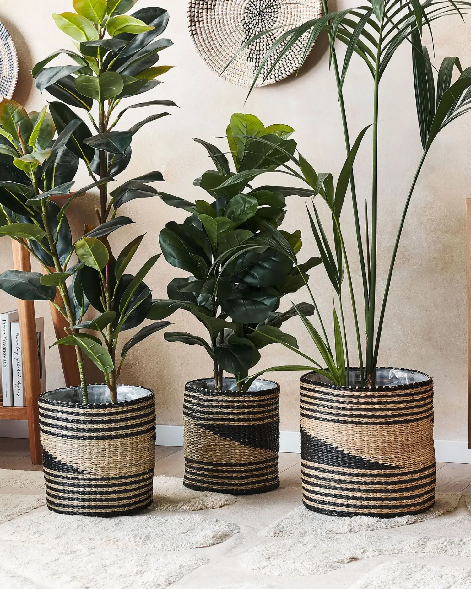 Online Beliani Set di 3 vasi per piante RATTAIL Alghe marine 32/29/27 cm Nero Beige Naturale Nero