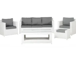 New Beliani Set salotto da giardino con tavolo e pouf 6 posti ROMA Rattan sintetico (PE) Bianco Bianco Grigio