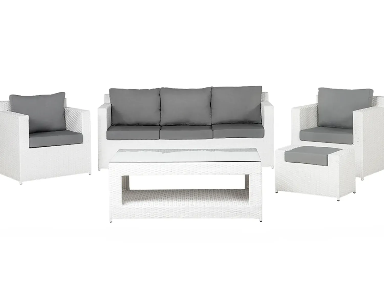 New Beliani Set salotto da giardino con tavolo e pouf 6 posti ROMA Rattan sintetico (PE) Bianco Bianco Grigio