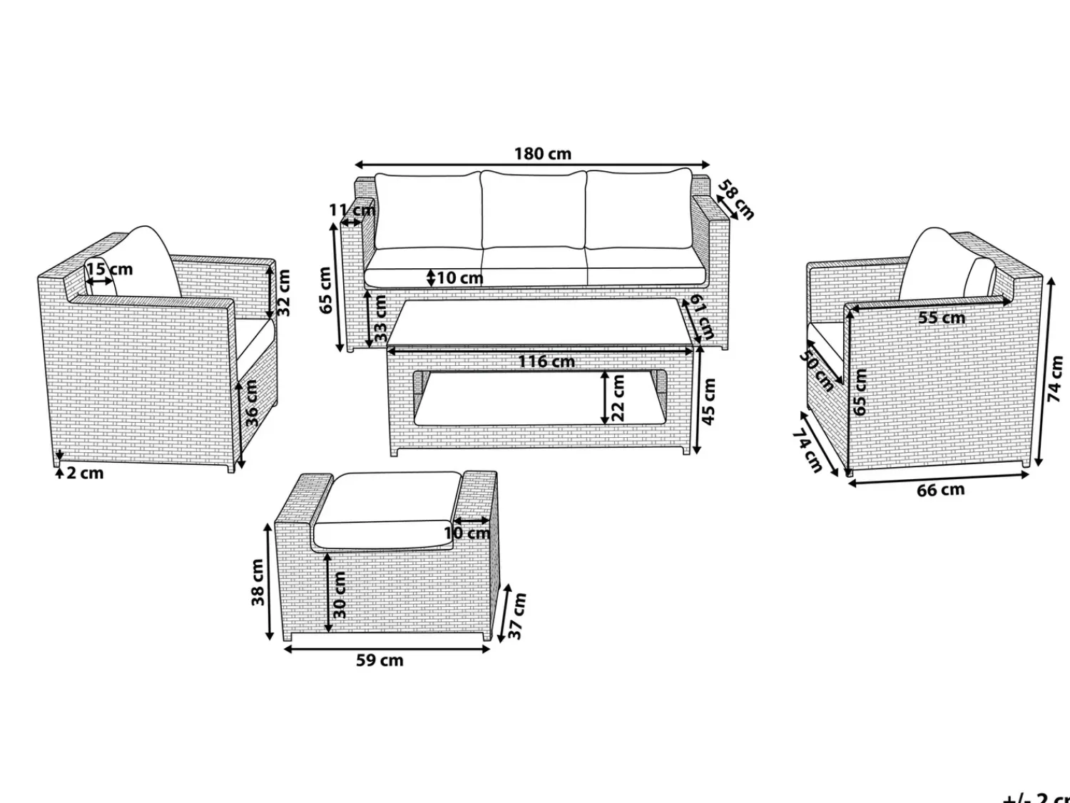 New Beliani Set salotto da giardino con tavolo e pouf 6 posti ROMA Rattan sintetico (PE) Bianco Bianco Grigio