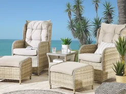 Clearance Beliani Set salotto da giardino con tavolo e pouf 2 posti PONZA Rattan sintetico (PE) Beige Beige Naturale
