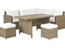 Online Beliani Set salotto da giardino con tavolo e pouf 5 posti BARDI con cuscini Rattan sintetico (PE) Marrone Bianco Marrone