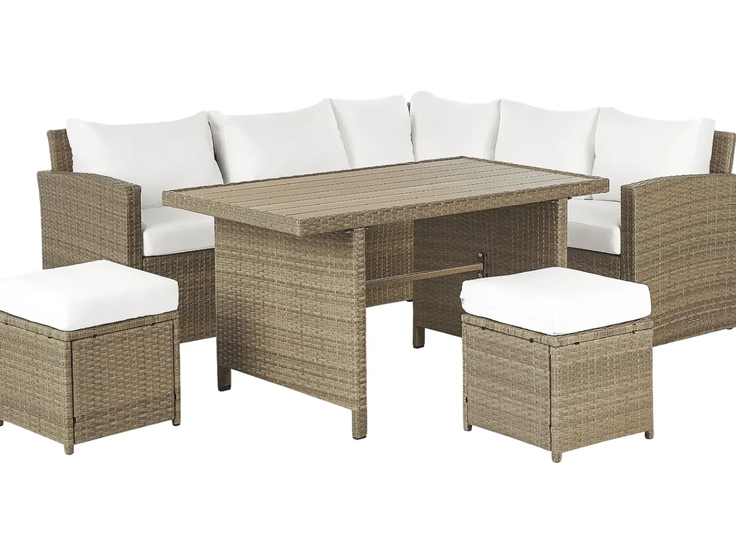 Online Beliani Set salotto da giardino con tavolo e pouf 5 posti BARDI con cuscini Rattan sintetico (PE) Marrone Bianco Marrone