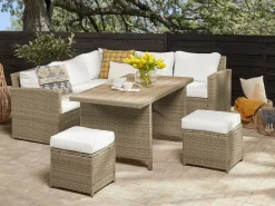 Online Beliani Set salotto da giardino con tavolo e pouf 5 posti BARDI con cuscini Rattan sintetico (PE) Marrone Bianco Marrone