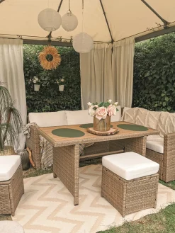 Online Beliani Set salotto da giardino con tavolo e pouf 5 posti BARDI con cuscini Rattan sintetico (PE) Marrone Bianco Marrone