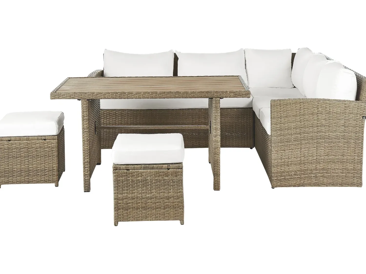 Online Beliani Set salotto da giardino con tavolo e pouf 5 posti BARDI con cuscini Rattan sintetico (PE) Marrone Bianco Marrone